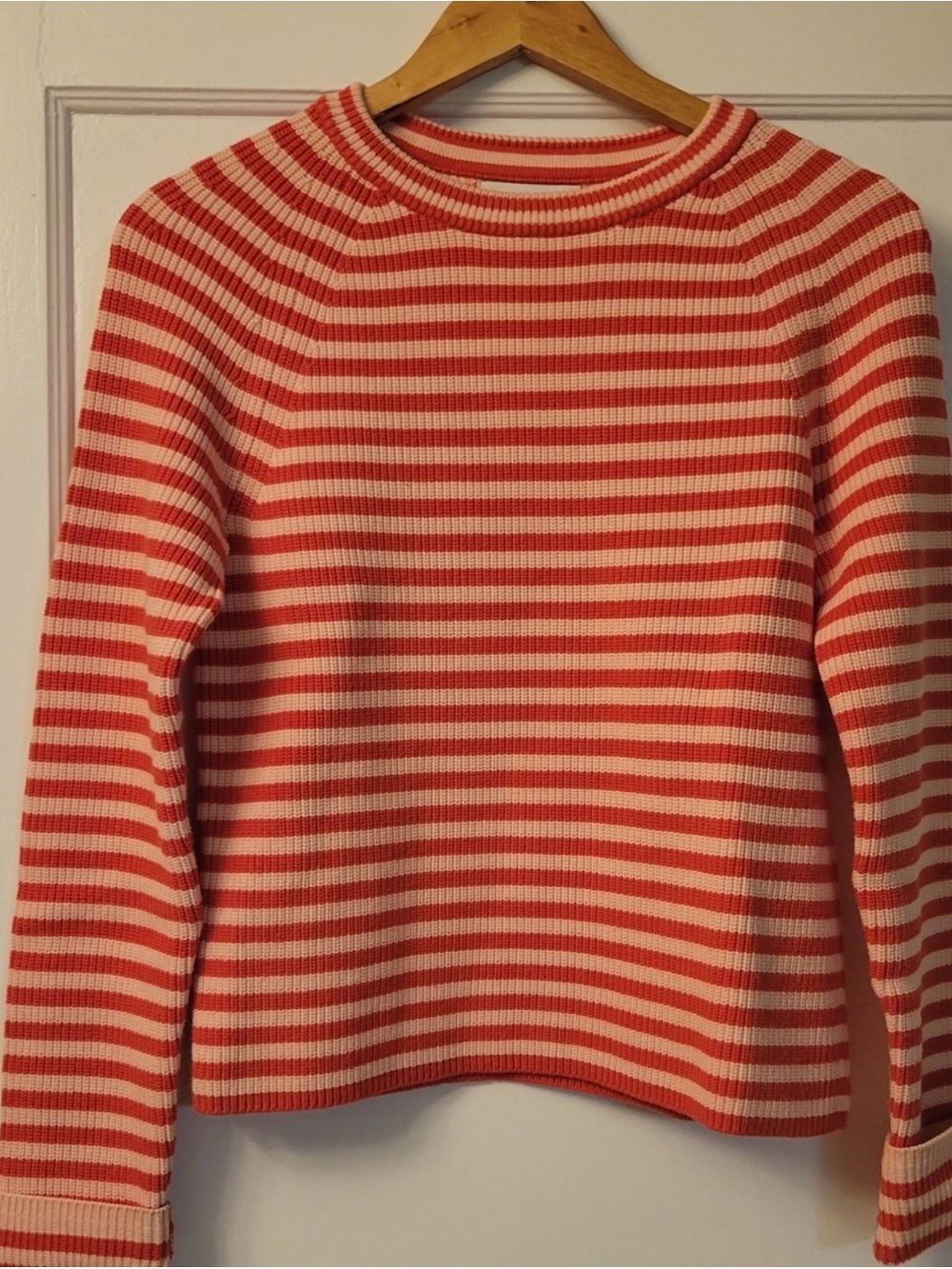 Banana Republic Coral and Cream Striped Crewneck Sweater